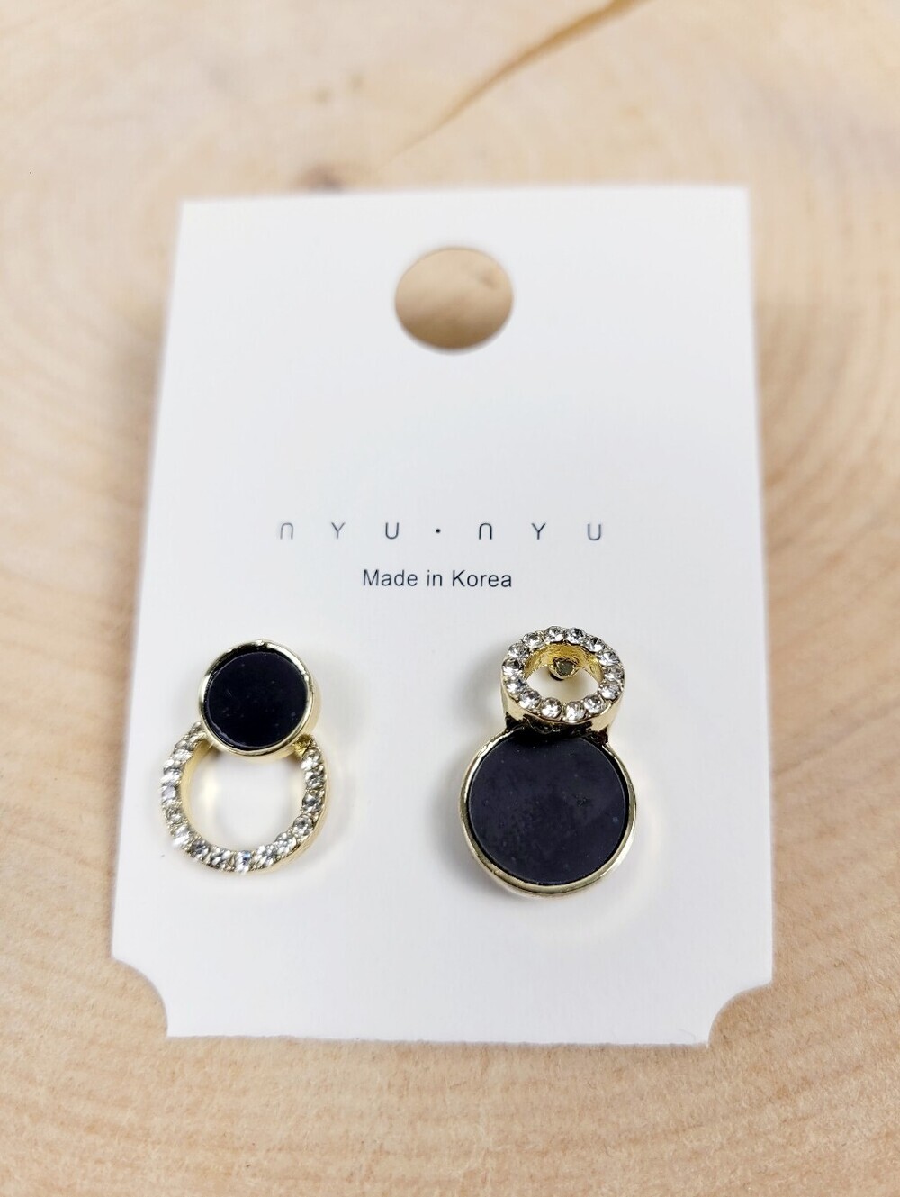 Brand New Gold Tone Black Round Rhinestone Stud Earrings